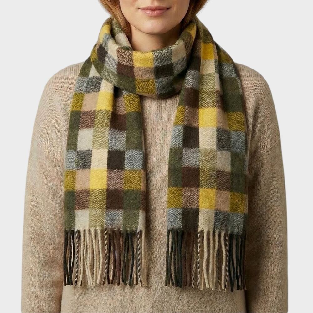100% Acrylic Scarf 12" x 62" Brown Yellow Plaid Check Fringe
